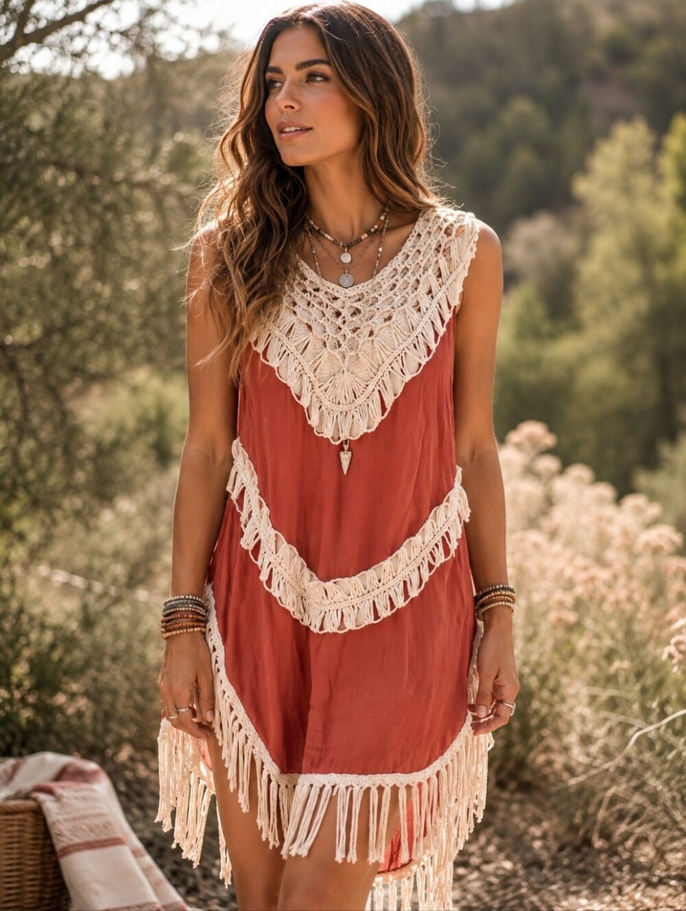 UMGEE AUTUMN SUNRISE MACRAME DESIGN TUNIC TOP SZ L XL